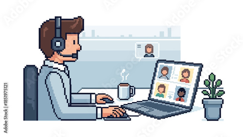 Pixelated video conference call with a person wearing a headset and looking at a laptop screen displaying multiple participants