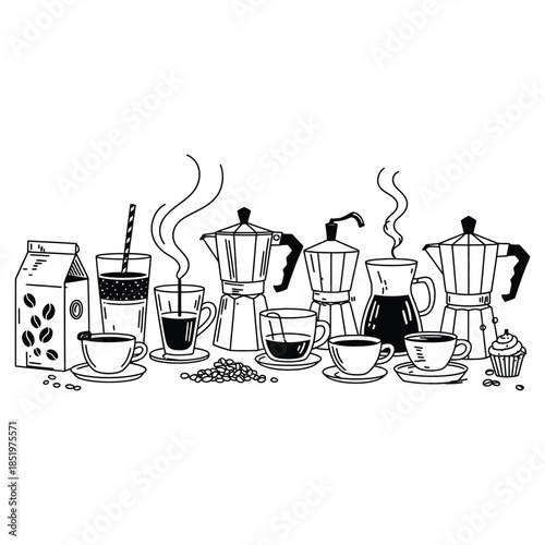 A collection of coffee-themed illustrations with various drinks and brewing equipment