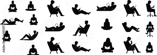People reading book silhouettes, men women relaxing sitting poses, black white vector illustration, education lifestyle concept cad drawing flat vector illustration