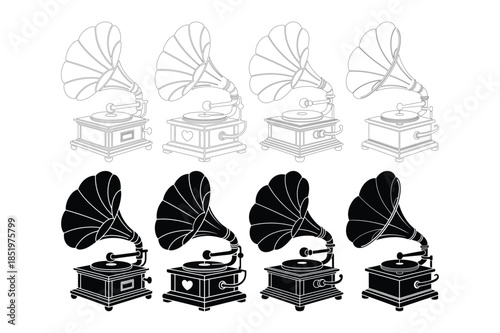 Vintage Gramophone and Phonograph Record Player Icon Set