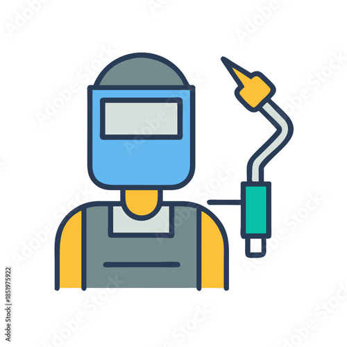 Iconic welder illustration in blue and yellow on black