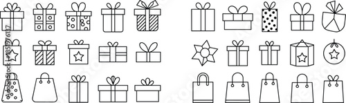 Gift box and shopping bag icons set, festive present symbols, outline style, minimal celebration elements, cad drawing flat vector illustration