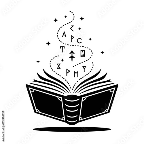 An open book sits on a gray background with mystical letters and symbols swirling above it.