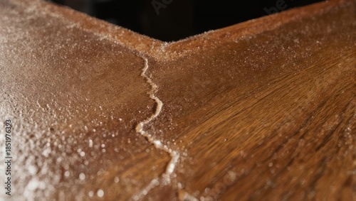 Close-up of a cracked wooden surface with a winding line of white substance.