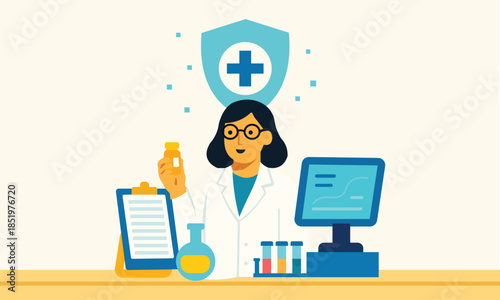 Female pharmacist or scientist in lab coat holding medicine bottle, working with computer, clipboard, and test tubes, representing healthcare, pharmacy, and medical research concept