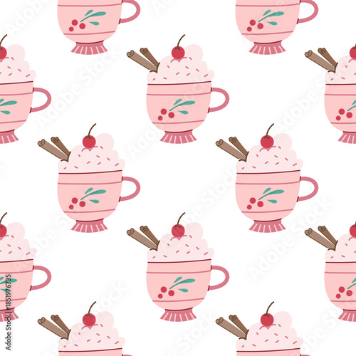Cute seamless pattern with a pink cup of warm drink, with cream, cinnamon and a red cherry on top