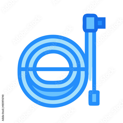 Blue garden hose with nozzle coiled on black background