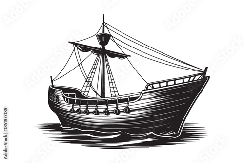 Vintage Wooden Sailing Ship Caravel Nautical Illustration