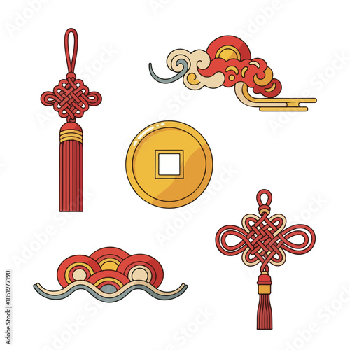 Flat lay of Chinese New Year 2026 icons including tassel, coin, and decorative symbols on a white background with red, gold, and orange hues.
