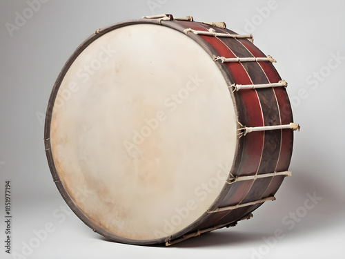 A large drum with a white base and red stripes