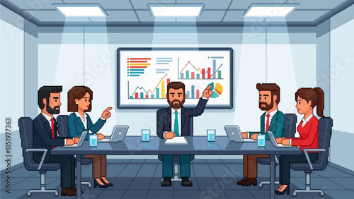 Business meeting with charts and graphs presented by a leader in a conference room, fostering collaboration and strategic planning among diverse professionals