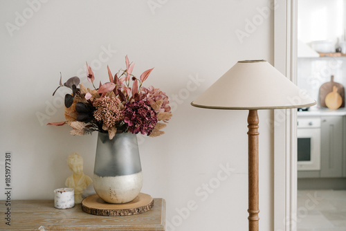 Still life with vase and vintage floor lamp, aesthetic interior decor