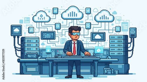 IT Professional Managing Cloud Computing Infrastructure Through a Virtual Interface, Overseeing Data Networks and System Operations in a Modern Data Center Environment