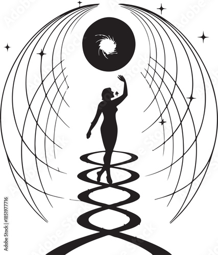 Silhouette of Woman Reaching for Celestial Body within Cosmic Structure vector illustration