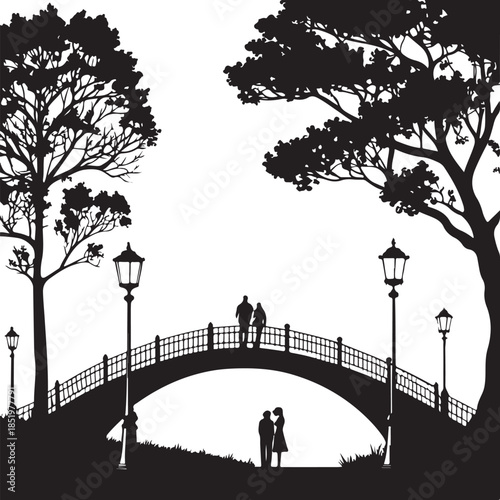 Silhouetted couple on a bridge with trees and streetlights against a white background Keywords: couple, bridge, park, trees, silhouette, streetlights, lamps, romantic, love, outdoor, scene, black