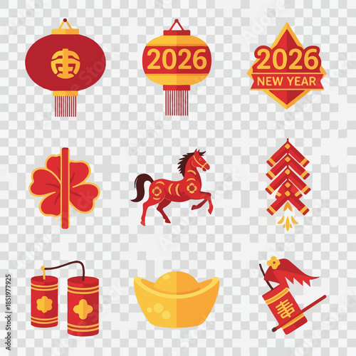 Collection of Chinese New Year 2026 icons featuring traditional symbols and decorations on a transparent background.