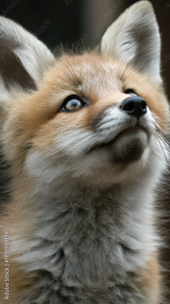 Obraz premium cute baby fox looking up, curious mood, soft lighting