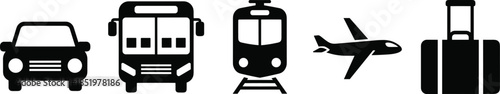 Set of black transportation silhouettes featuring car bus train airplane and luggage icons isolated on white background flat vector illustration