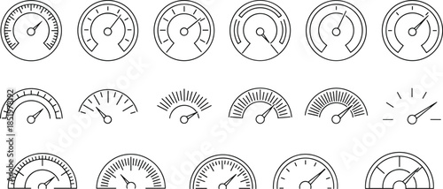 Set of thin line gauge icons featuring various speedometer and dashboard dials for measuring speed performance and pressure isolated on white background flat vector illustration