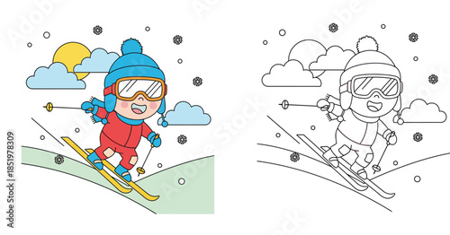 Coloring book page of happy boy skiing downhill in winter vector illustration