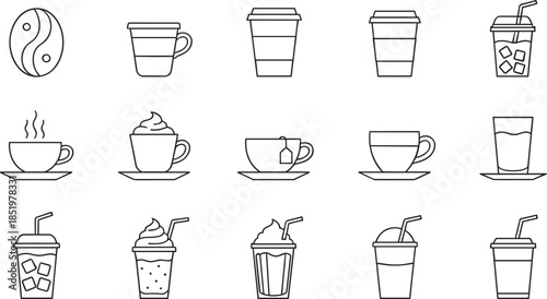 Set of thin line coffee and beverage icons featuring various coffee cups take away mugs iced coffee with straws tea cups and coffee beans isolated on white background vector illustration