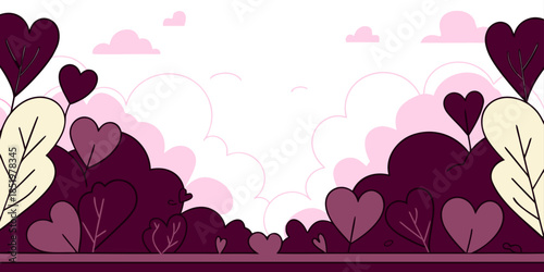 Abstract pink floral background with butterflies and hearts features a summer nature landscape under a blue sky with a rainbow and sun clouds in a vector art illustration design