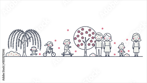 Vector Set of Various Line Art People Illustrations: Families in the Park, Children on Tricycle and Skateboard, Adults with Dog, and Trees for Landscape and Graphic Design Projects
