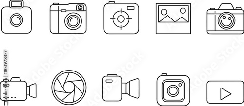 Set of thin line photography icons featuring various camera designs DSLR cameras video cameras lens apertures and digital photo gallery symbols isolated on white background flat vector illustration