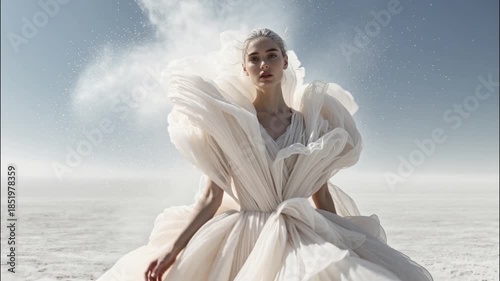 Video of beautiful fashion model standing in  white desert and wearing haute couture dress made entirely of white powder and silk for fashion editorial magazine.Slow motion.AI Generative.
