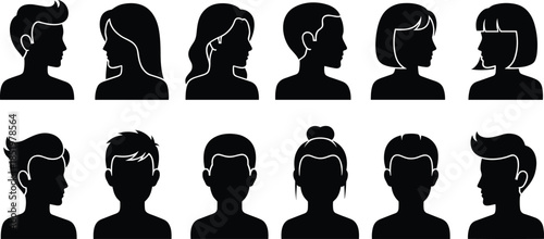 Set of black profile silhouettes featuring diverse men and women avatars with various modern hairstyles and head shapes isolated on white background flat vector illustration
