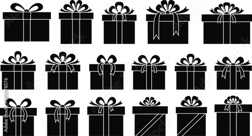 Black gift box icon collection with ribbon bows isolated on white background cad drawing flat vector illustration set
