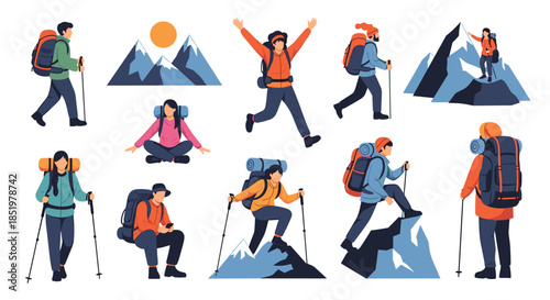 Collection of male and female hikers and climbers are shown in various active poses with backpacks and poles in mountain settings.