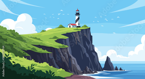 Lighthouse stands on a grassy cliff overlooking the blue ocean under a clear sky with birds in a colorful pixel art illustration.