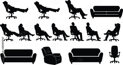 Business people seating silhouettes on office chairs and sofas reclined postures isolated vector set for workplace relaxation concepts design illustration