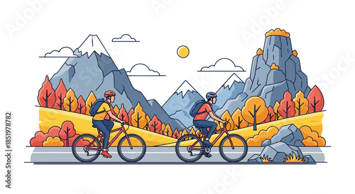 Two cyclists ride their bicycles along a scenic road passing through a beautiful autumn landscape with mountains and colorful trees.