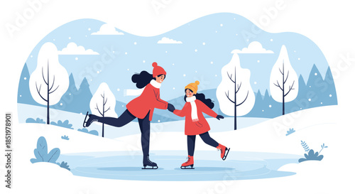 Mother and daughter enjoy ice skating together on a frozen pond in a beautiful snowy winter landscape with pine trees and clouds.