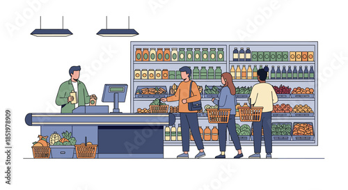 Customers wait in a queue at a grocery store checkout counter while a cashier scans products in a modern supermarket interior.