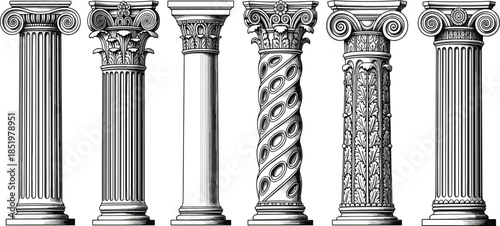 Classical column silhouette collection, ancient architectural pillars set, roman greek decorative elements, historical building details, cad drawing flat vector illustration