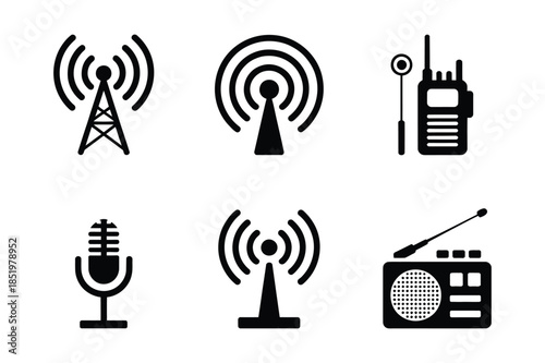 Radio communication and broadcasting black icon collection