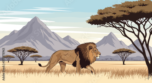 Majestic male lion with a thick dark mane walks through the tall grass of the African savanna with mountains in the distance.