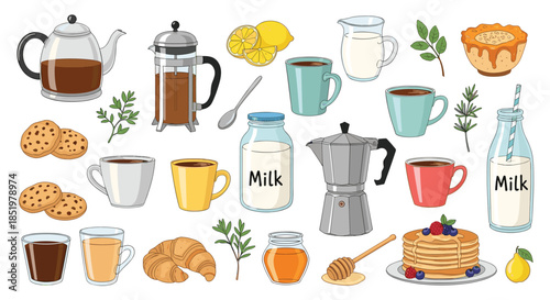 Collection of various coffee and tea items including pots, cups, milk bottles, and snacks like cookies and pancakes are shown.