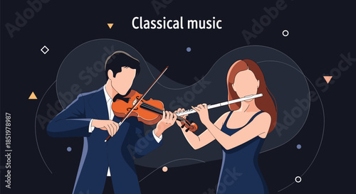 Male violinist and female flutist perform a classical music concert together in an elegant vector illustration with abstract shapes.