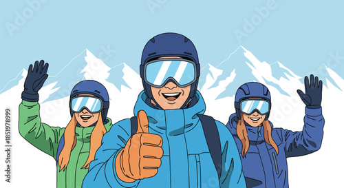 Group of happy friends in winter gear and ski helmets gives a thumbs up and waves in front of a snowy mountain range.