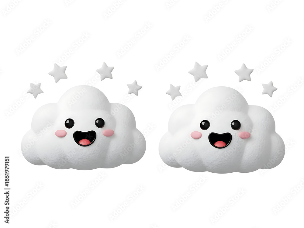 Obraz premium Cute 3D Smiling Cloud Characters with Stars Isolated on transparent background, png