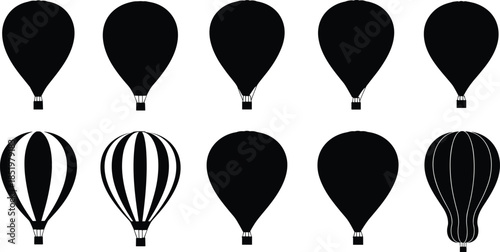 Hot air balloon silhouette collection, black balloon icons set, flying travel adventure symbols, sky festival elements, cad drawing flat vector illustration