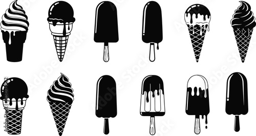 Ice cream silhouette collection, black dessert and popsicle icons set, sweet frozen treats, food menu elements, cad drawing flat vector illustration