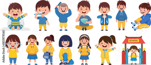 Cartoon Diverse Happy Little Boys and Girls Doing Various Activities Illustration
