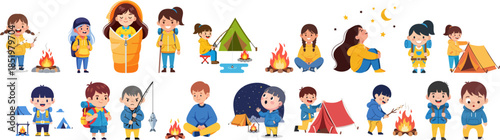Playful Handdrawn Camping Scene With Kids Character and Bonfire Illustration