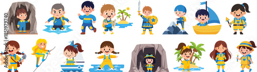 Colorful Cartoon Style Adventurous Children Engaged in Various Activities Illustration Set