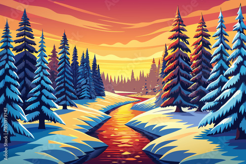 Rows of snowy pine trees line a frozen river, forming a balanced winter composition with reflective ice surfaces and strong seasonal atmosphere, sunrise golden time